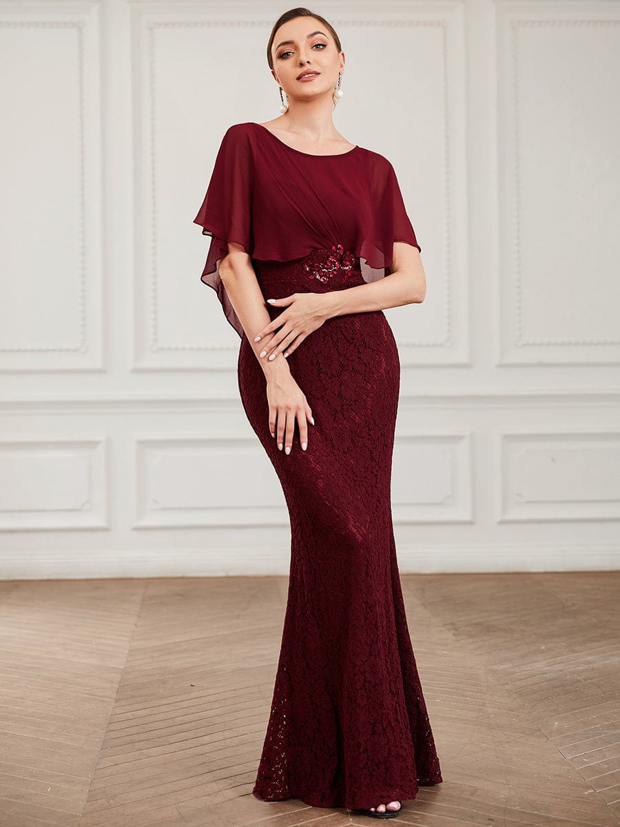 Elegant Capelet Lace Fit and Flare Mother of the Bride Dress #color_Burgundy