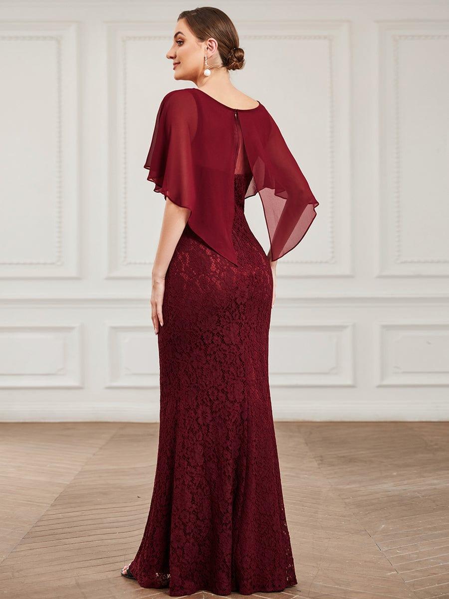 Elegant Capelet Lace Fit and Flare Mother of the Bride Dress #color_Burgundy