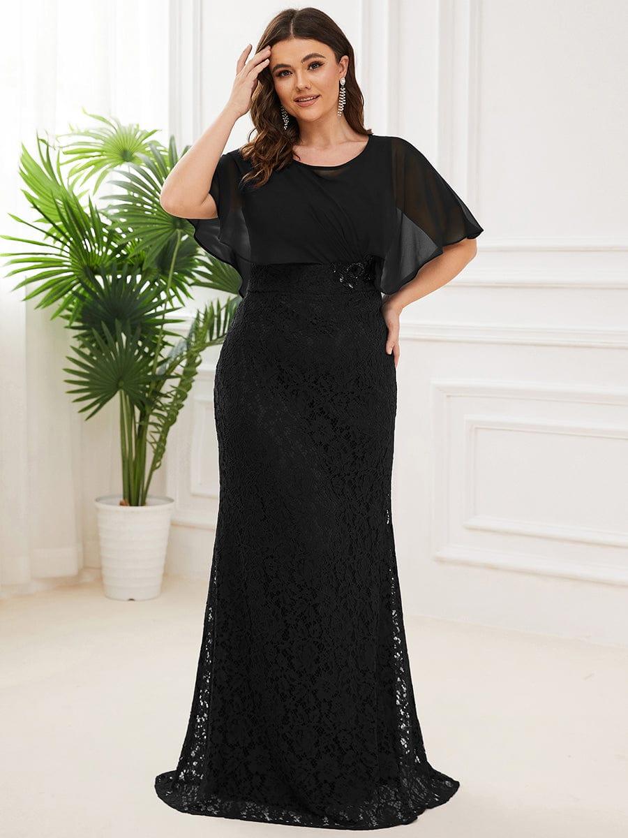 Plus Size Elegant Lace Fitted and Flared Maxi Mother of the Bride Dress #color_Black