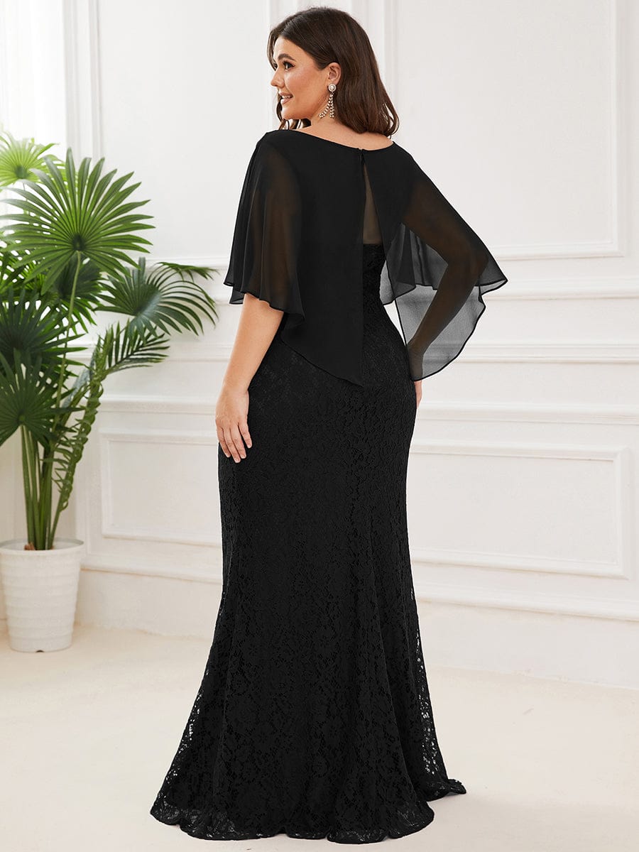 Custom Size Floral Embroidered Lace Sheath Gown With Chiffon capelet #color_Black