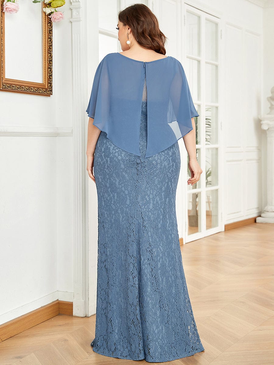 Plus Size Elegant Lace Fitted and Flared Maxi Mother of the Bride Dress #color_Dusty Navy