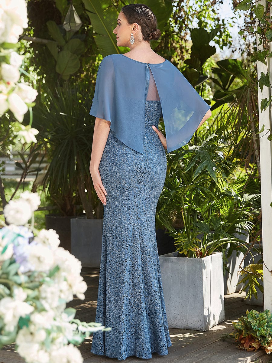 Elegant Capelet Lace Fit and Flare Mother of the Bride Dress #color_Dusty Navy