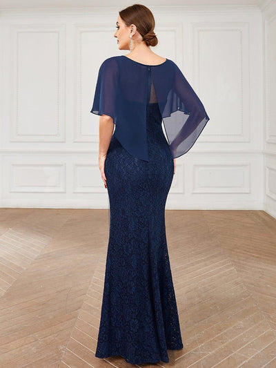 Elegant Capelet Lace Fit and Flare Mother of the Bride Dress #color_Navy Blue