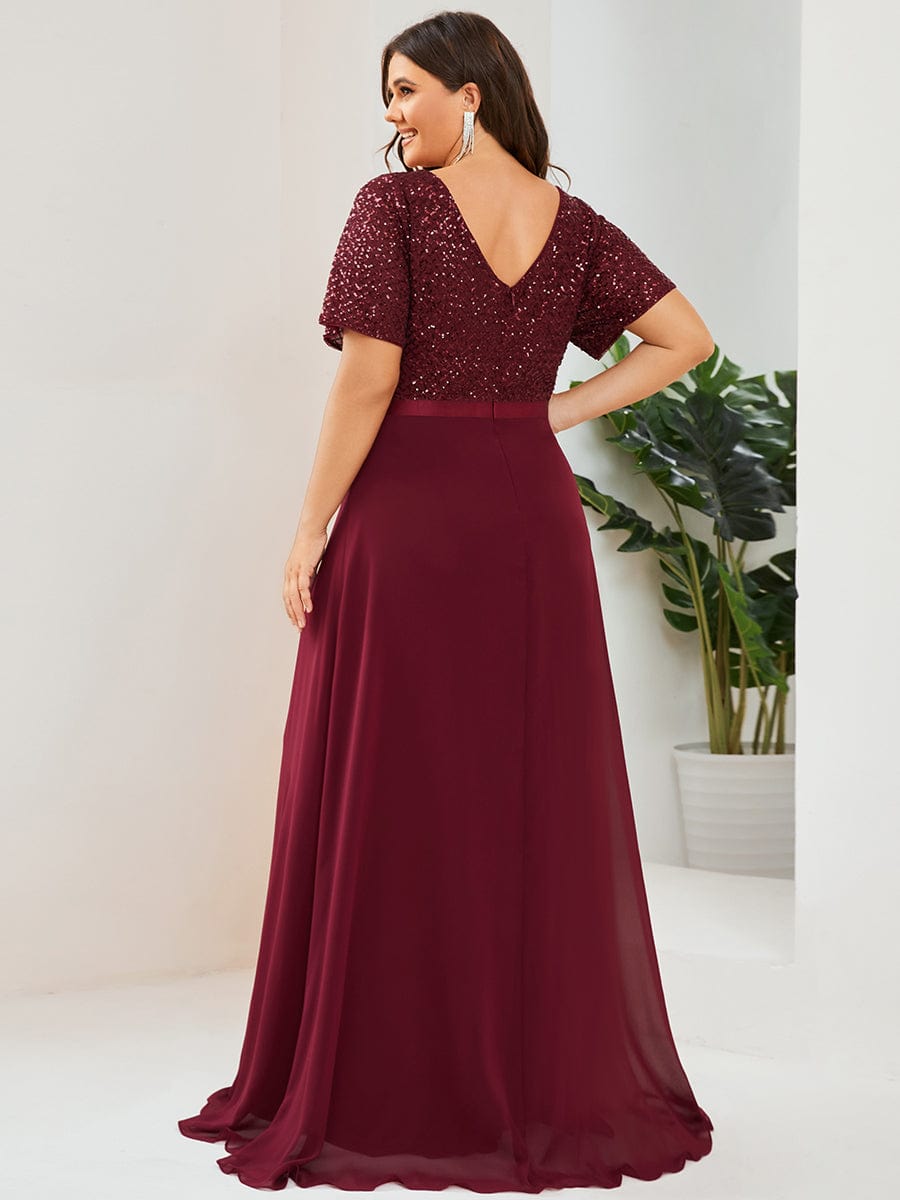 Plus Size Sequin Short Sleeve Belted Waist Chiffon Mother of the Bride Dress