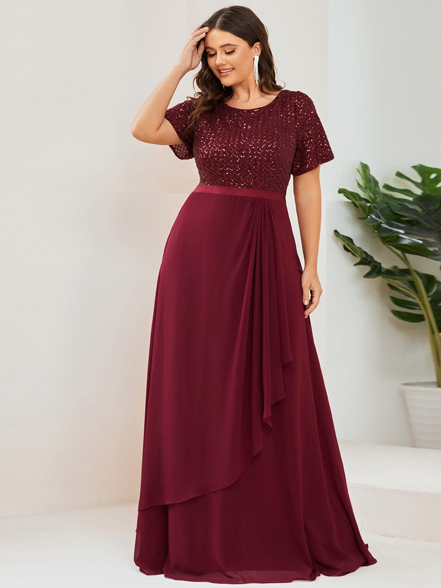Plus Size Sequin Short Sleeve Belted Waist Chiffon Mother of the Bride Dress