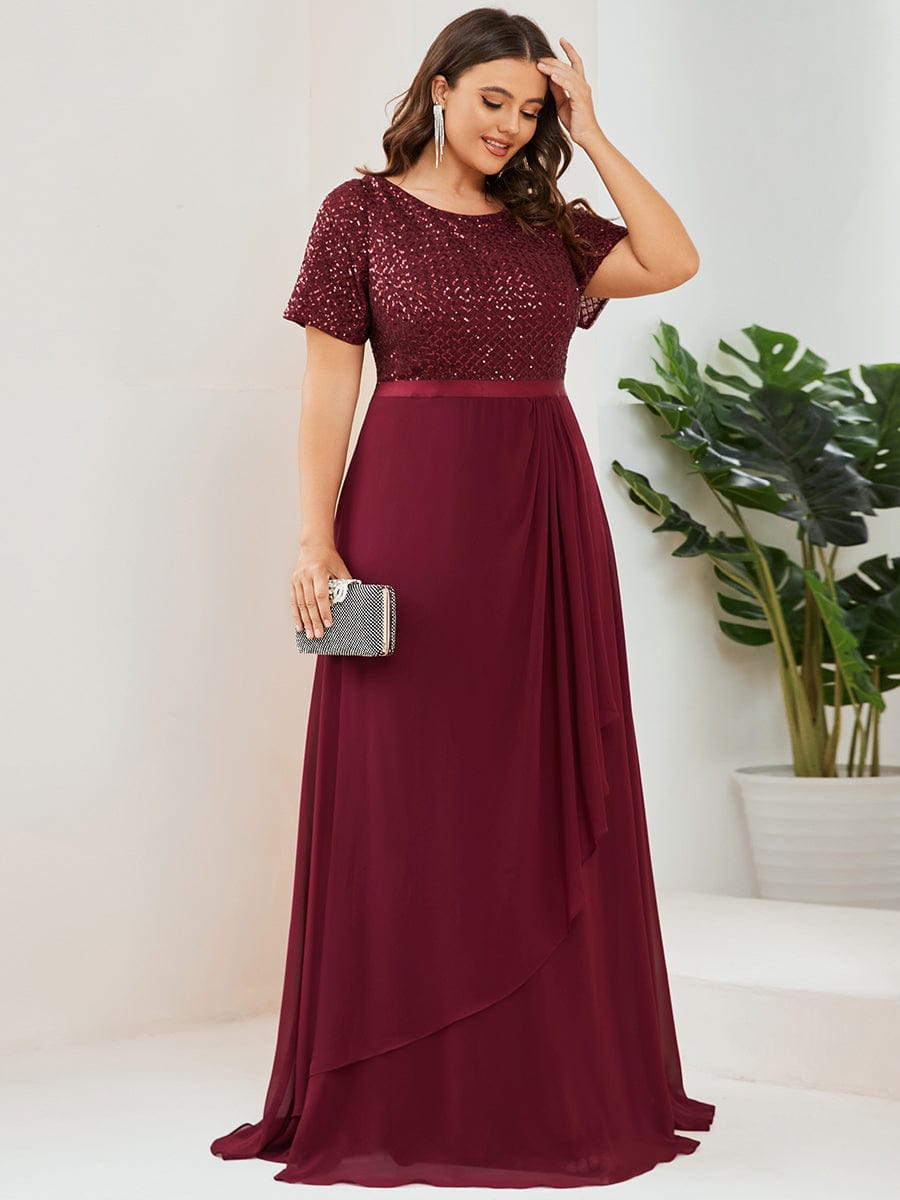 Plus Size Sequin Short Sleeve Belted Waist Chiffon Mother of the Bride Dress