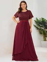 Plus Size Sequin Short Sleeve Belted Waist Chiffon Mother of the Bride Dress #Color_Burgundy