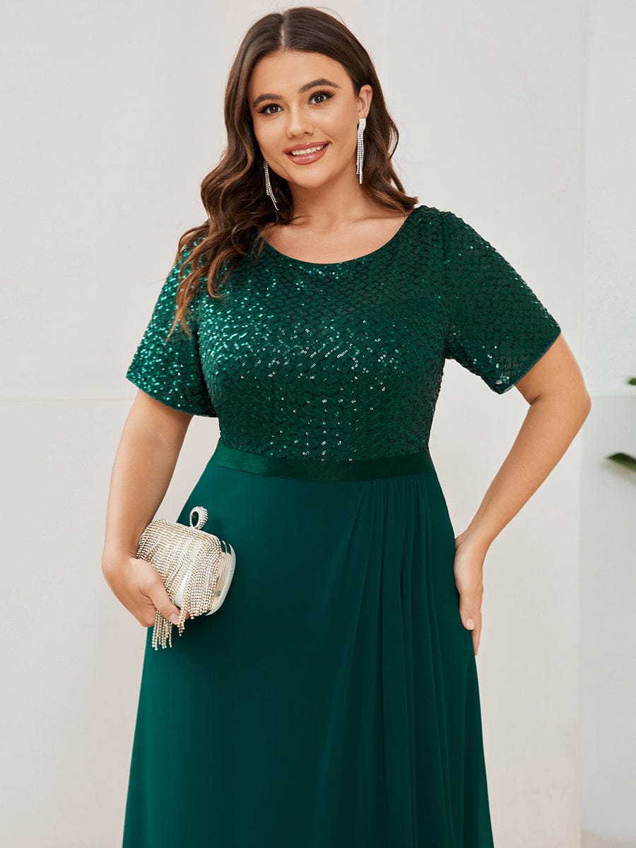 Plus Size Sequin Short Sleeve Belted Waist Chiffon Mother of the Bride Dress