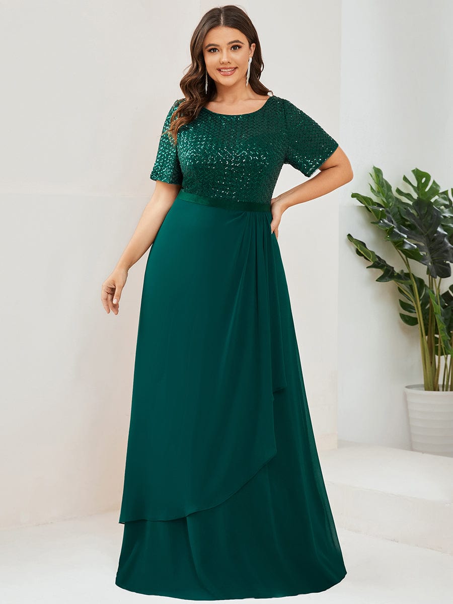 Plus Size Sequin Short Sleeve Belted Waist Chiffon Mother of the Bride Dress #Color_Dark Green