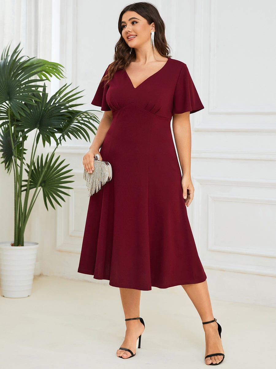 Plus Size Elegant Short Flutter Sleeve V-Neck Mother of the Bride Midi Dress