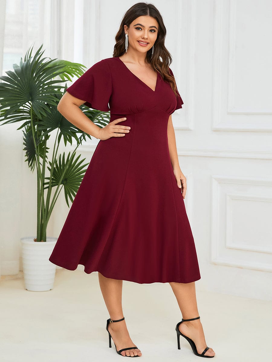 Plus Size Elegant Short Flutter Sleeve V-Neck Mother of the Bride Midi Dress