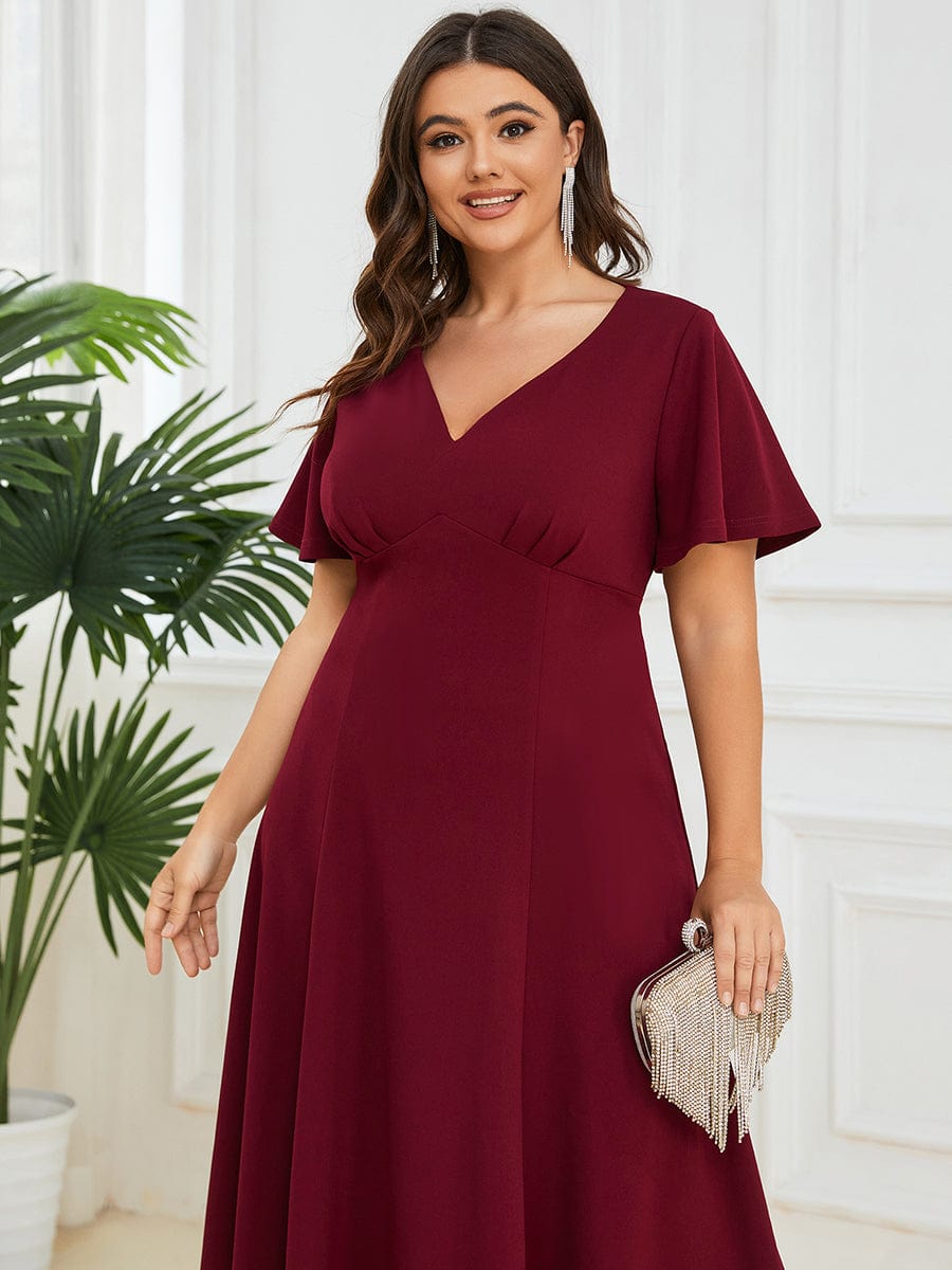 Plus Size Elegant Short Flutter Sleeve V-Neck Mother of the Bride Midi Dress
