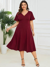 Plus Size Elegant Short Flutter Sleeve V-Neck Mother of the Bride Midi Dress #Color_Burgundy