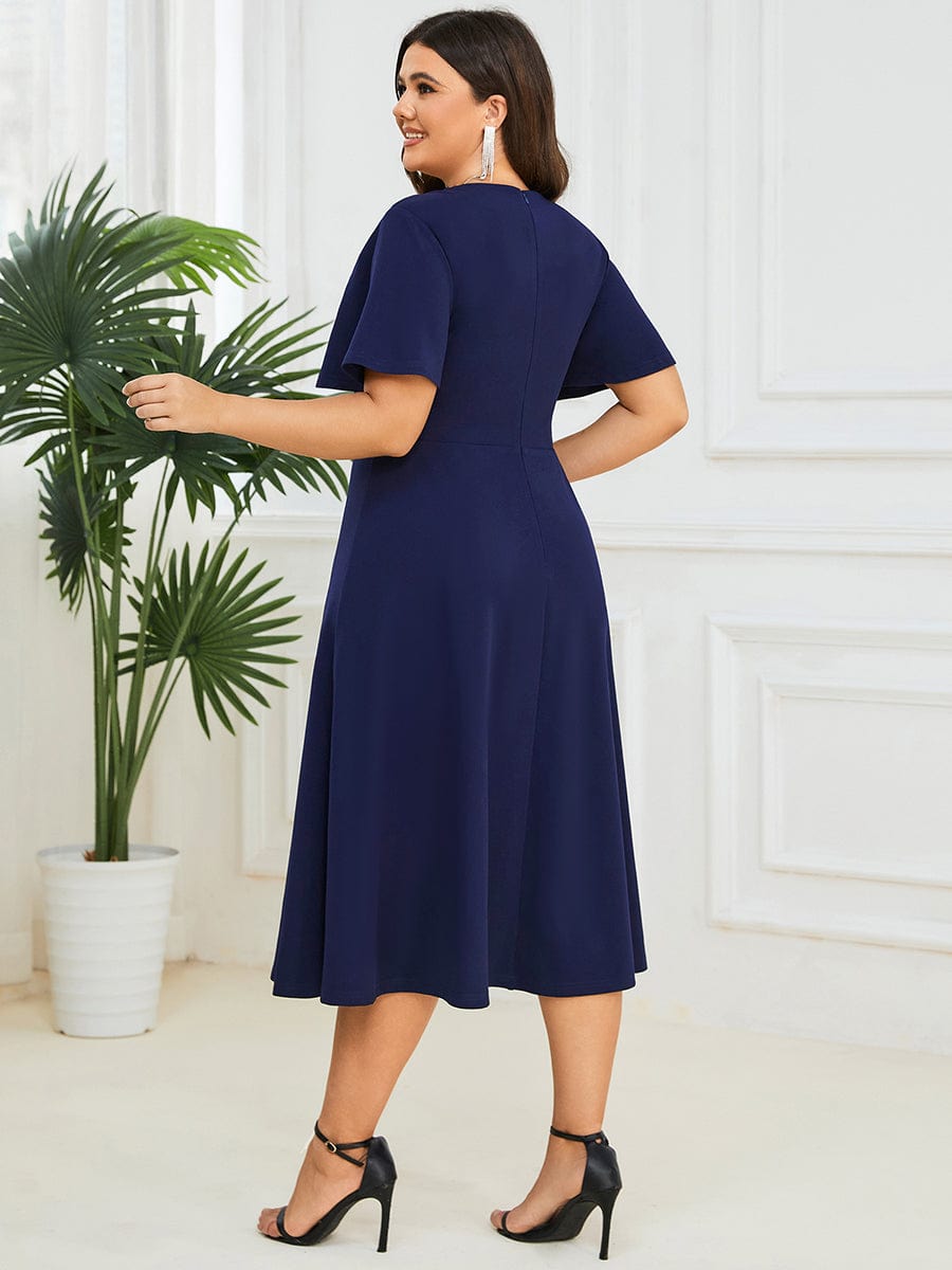 Plus Size Elegant Short Flutter Sleeve V-Neck Mother of the Bride Midi Dress #Color_Navy Blue