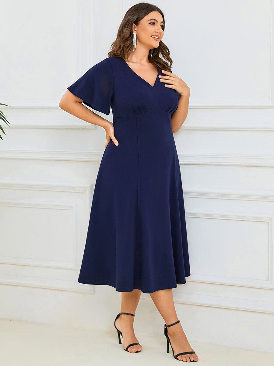Plus Size Elegant Short Flutter Sleeve V-Neck Mother of the Bride Midi Dress