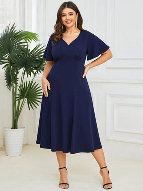 Plus Size Elegant Short Flutter Sleeve V-Neck Mother of the Bride Midi Dress