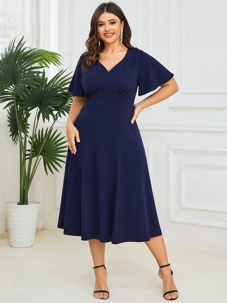 Plus Size Elegant Short Flutter Sleeve V-Neck Mother of the Bride Midi Dress