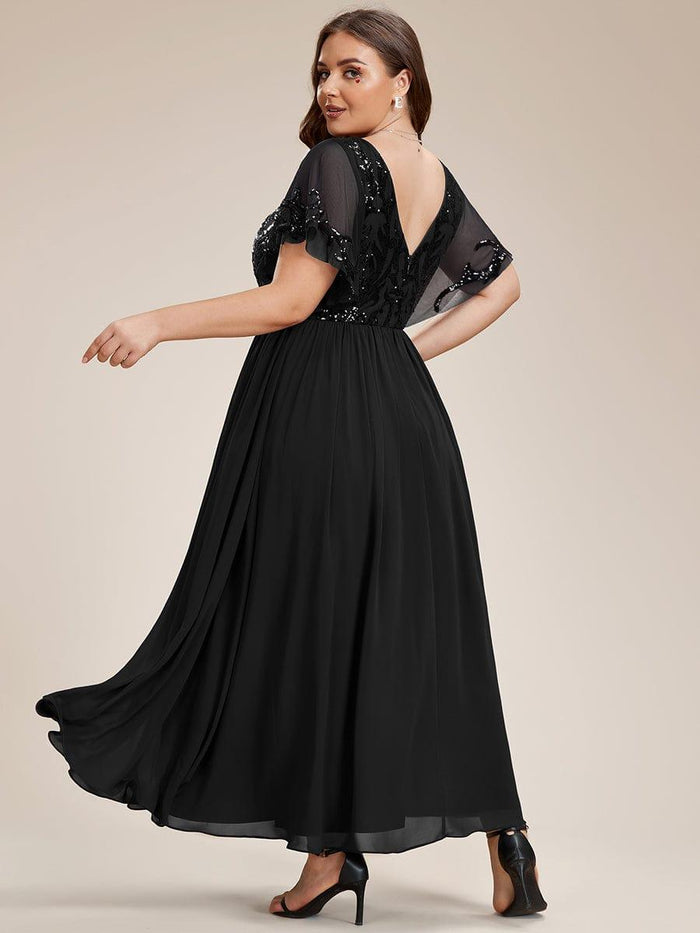 A Line V Neck Short Sleeve Chiffon Ruched Mother of the Bride Dresses with Sequin Embroidery