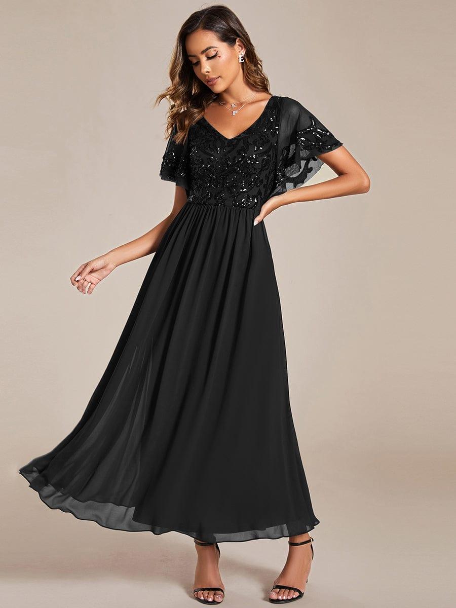 Short Sleeve V-Neck Sequin Chiffon A-Line Mother of the Bride Dress