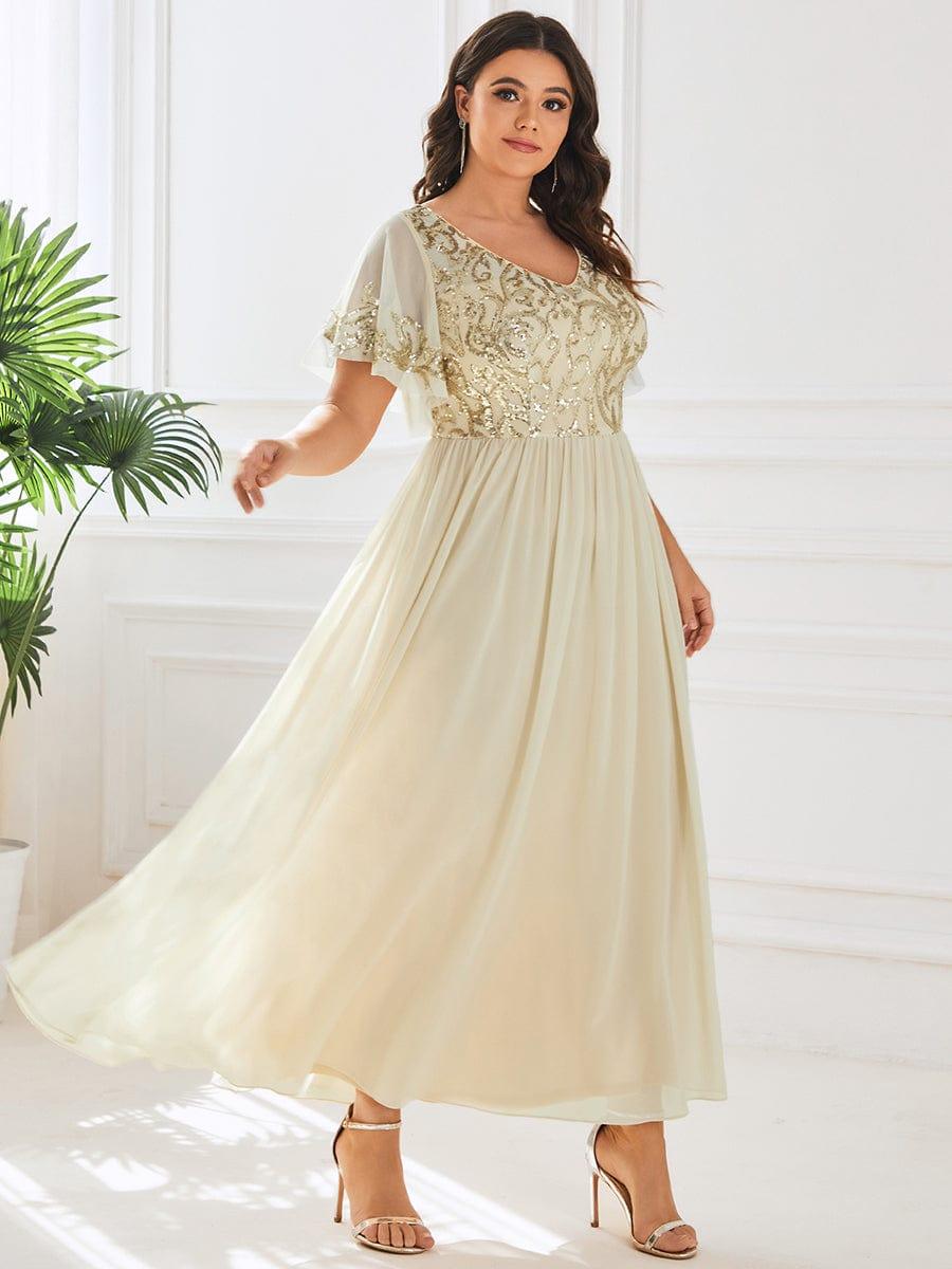 Plus Size V-Neck Short Sleeve Sequin Bodice Mother of the Bride Dress