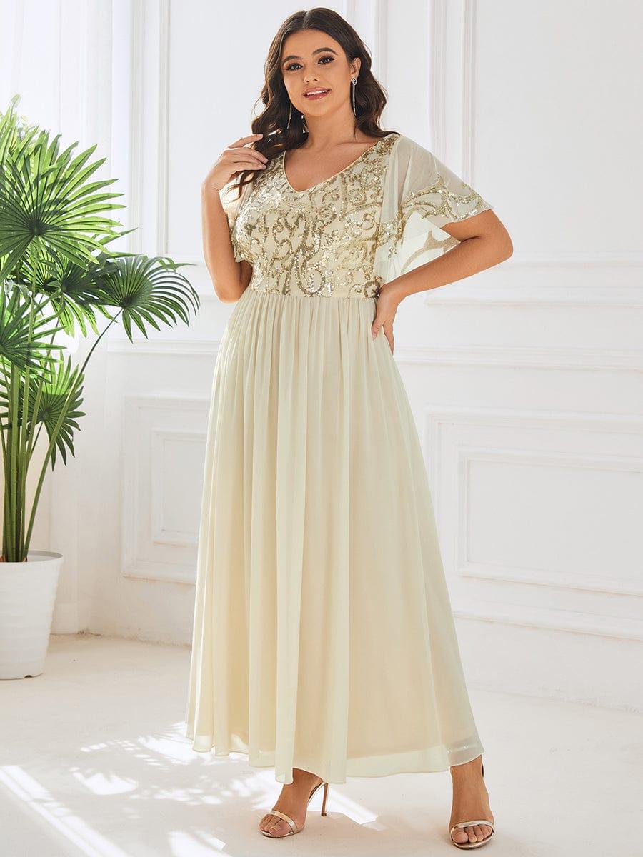 Plus Size V-Neck Short Sleeve Sequin Bodice Mother of the Bride Dress