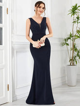 V-Neck Beaded Sleeveless Column Mother of the Bride Dress #Color_Navy Blue