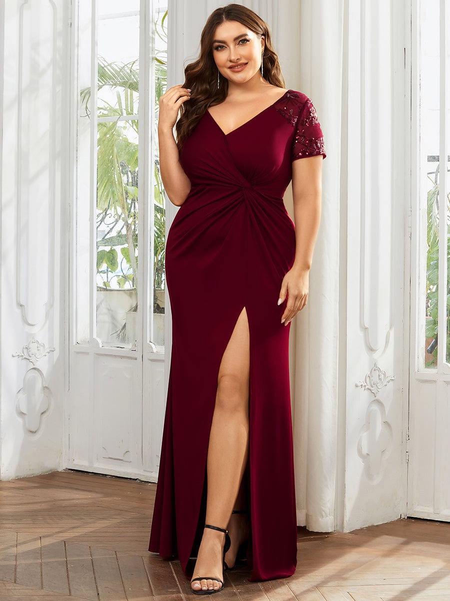 Plus Size Front Slit Short Sleeve With Sequin Mother of the Bride Dress #Color_Burgundy