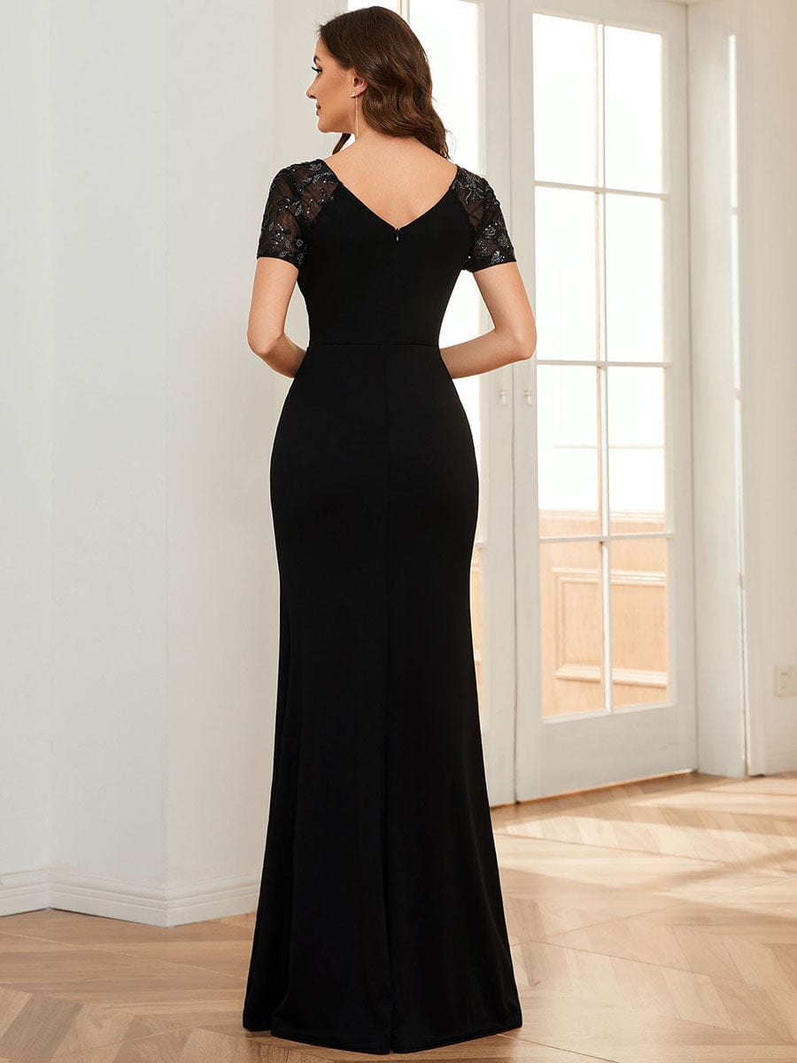 Short Sequin Sleeve V-Neck Front Slit Mother of the Bride Dress #Color_Black