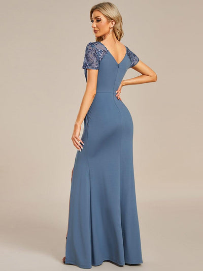 Short Sequin Sleeve V-Neck Front Slit Mother of the Bride Dress #color_Dusty Blue