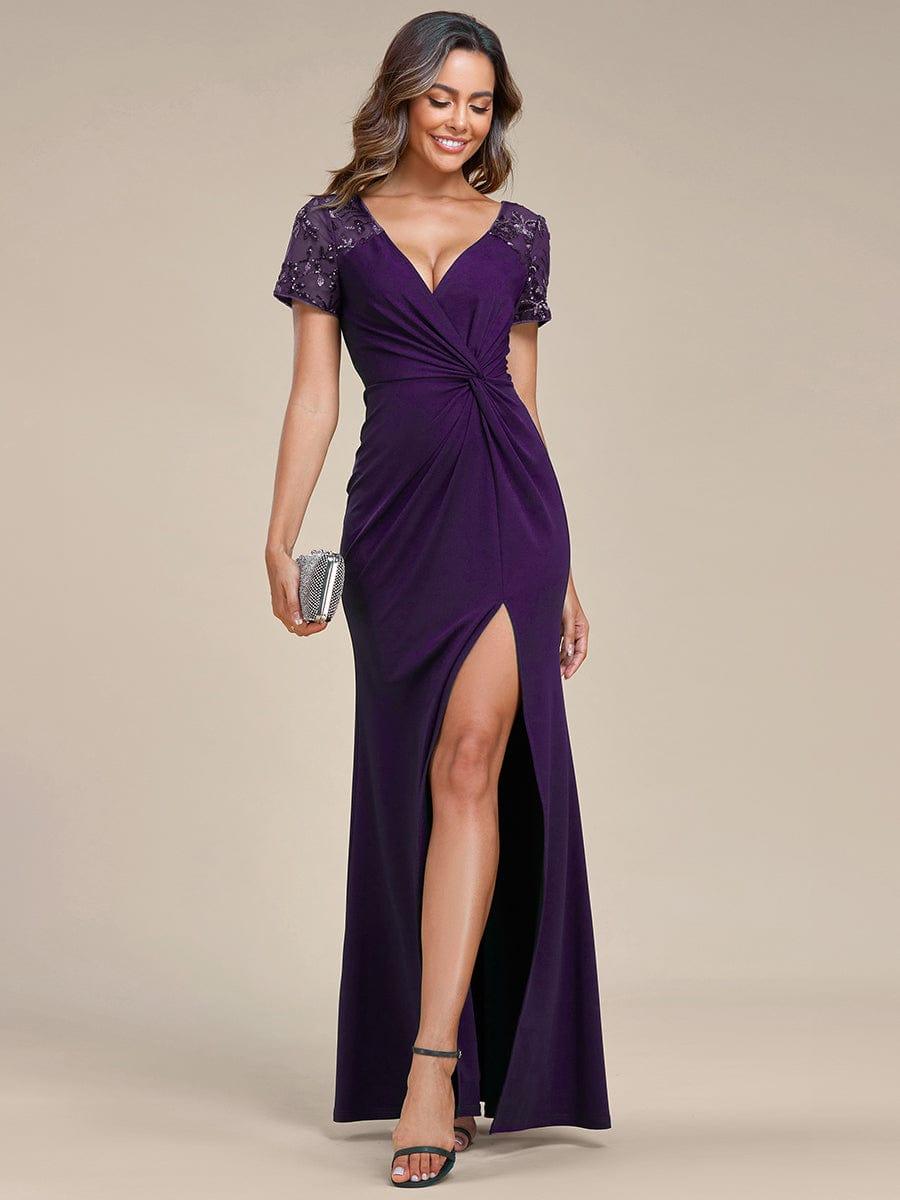 Short Sequin Sleeve V-Neck Front Slit Mother of the Bride Dress