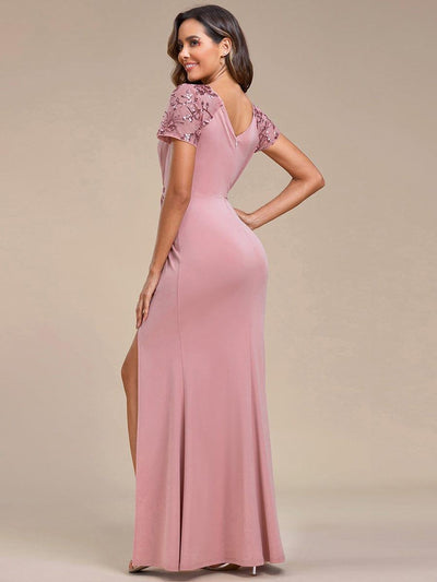 Short Sequin Sleeve V-Neck Front Slit Mother of the Bride Dress #Color_Dusty Rose