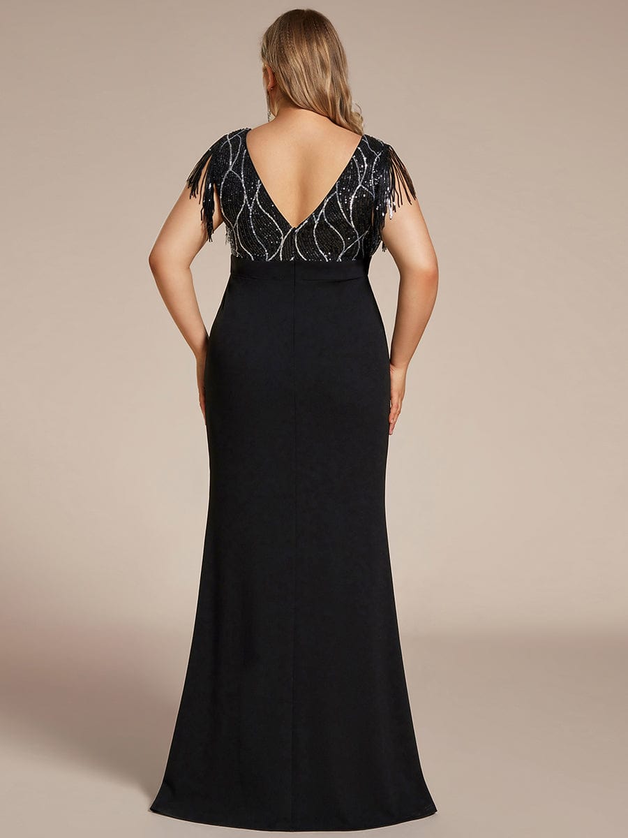 Plus Size V-Neck Front Slit Sleeveless with Tassel Mother of the Bride Dress #color_Black