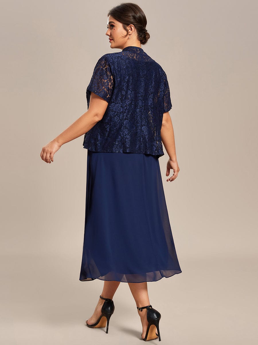 Plus Size Square Neckline A-Line Chiffon Mother of the Bride Dress with Lace Cardigan #color_Navy Blue