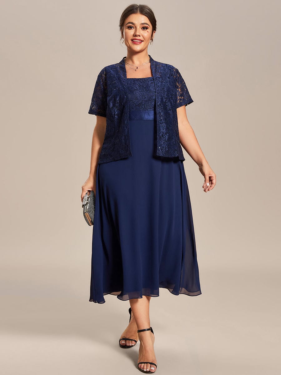 Plus Size Square Neckline A-Line Chiffon Mother of the Bride Dress with Lace Cardigan