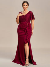 Plus Size Ruffles Sleeve Lace Top Mother of the Bride Dress #color_Burgundy
