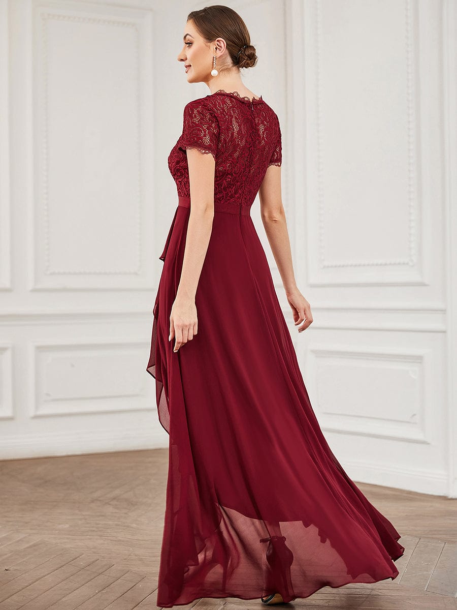 Lace Short Sleeve Chiffon Ruffle Mother of the Bride Dress #color_Burgundy