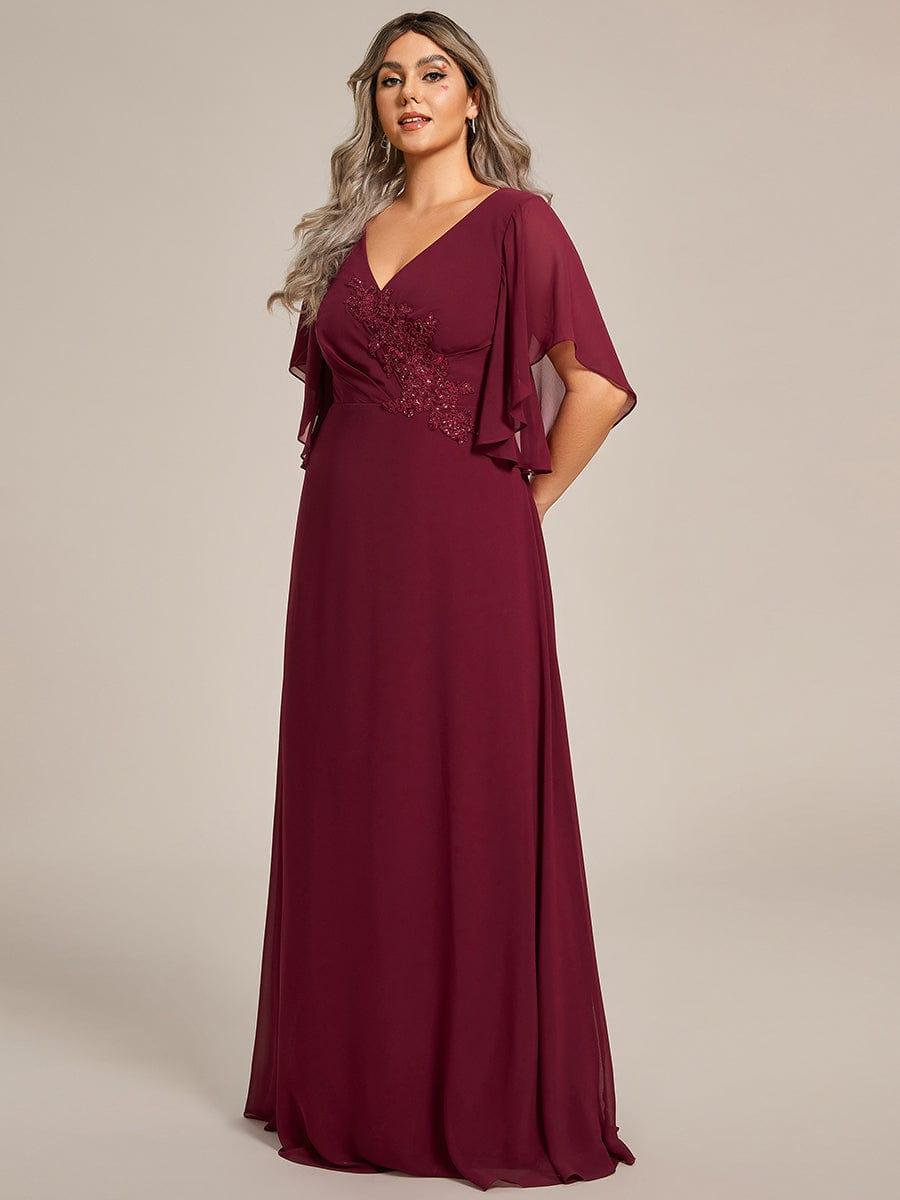 Plus Size Chiffon Ruffle Sleeve Mother of the Bride Dress with Waist Applique #color_Burgundy