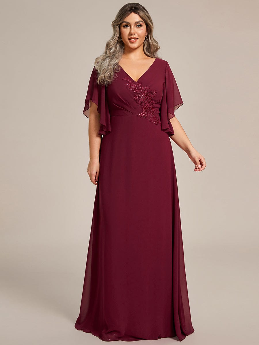 Plus Size Chiffon Ruffle Sleeve Mother of the Bride Dress with Waist Applique #color_Burgundy