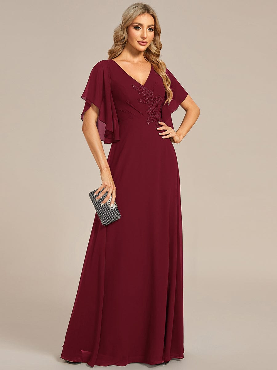 Chiffon Ruffle Sleeve Mother of the Bride Dress with Waist Applique #color_Burgundy