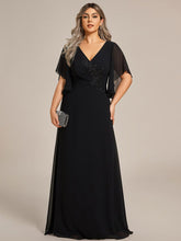 Plus Size Chiffon Ruffle Sleeve Mother of the Bride Dress with Waist Applique #color_Black