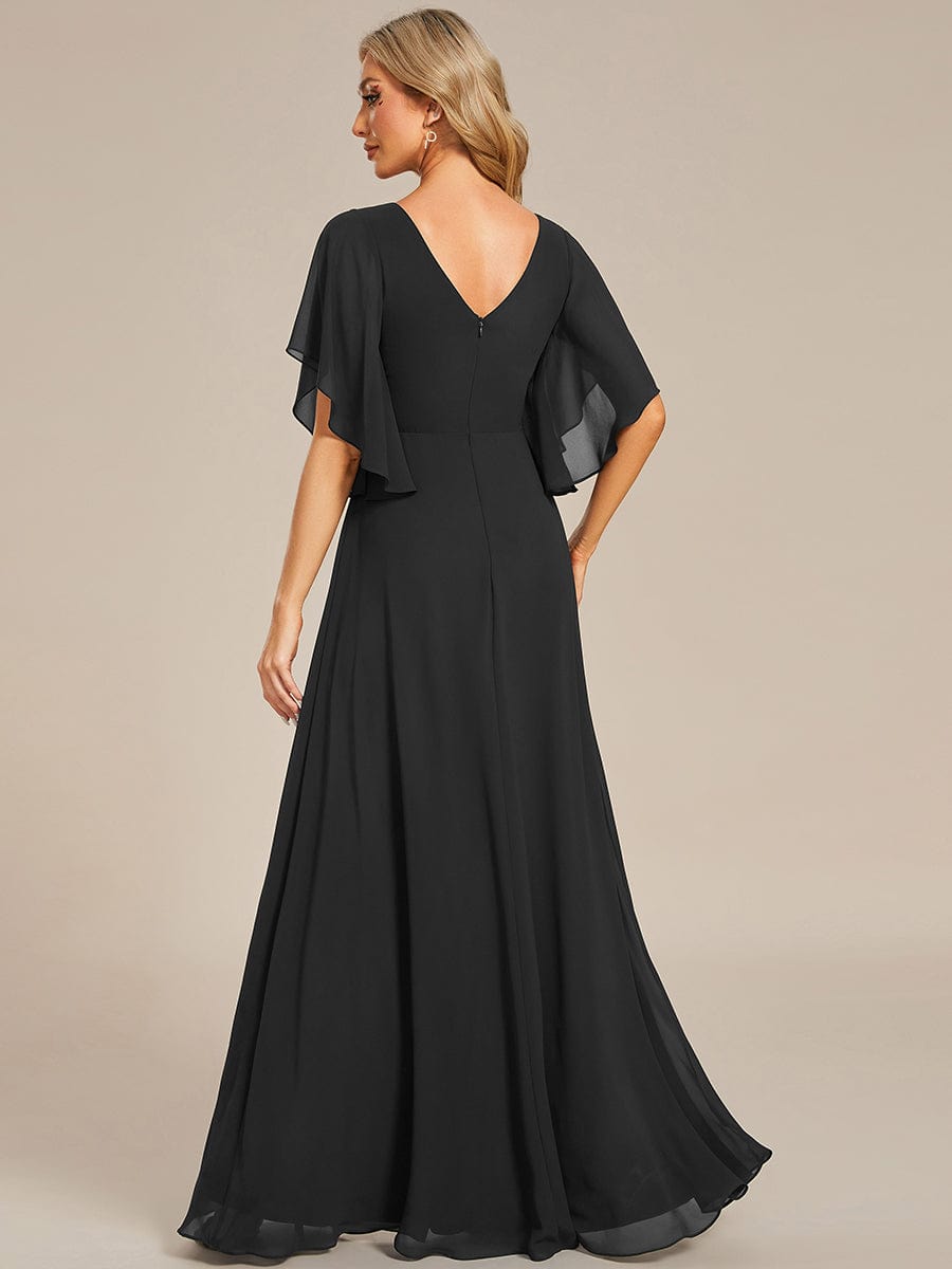 Chiffon Ruffle Sleeve Mother of the Bride Dress with Waist Applique #color_Black