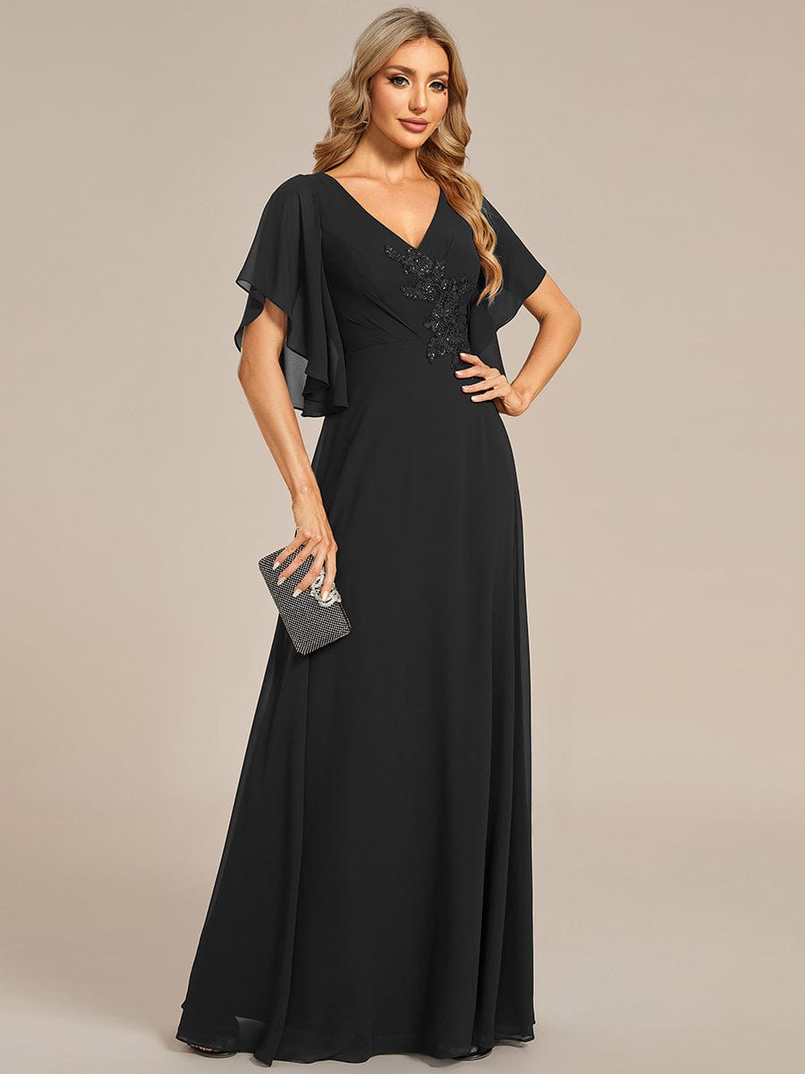 Chiffon Ruffle Sleeve Mother of the Bride Dress with Waist Applique