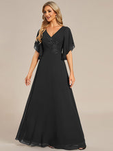 Chiffon Ruffle Sleeve Mother of the Bride Dress with Waist Applique #color_Black