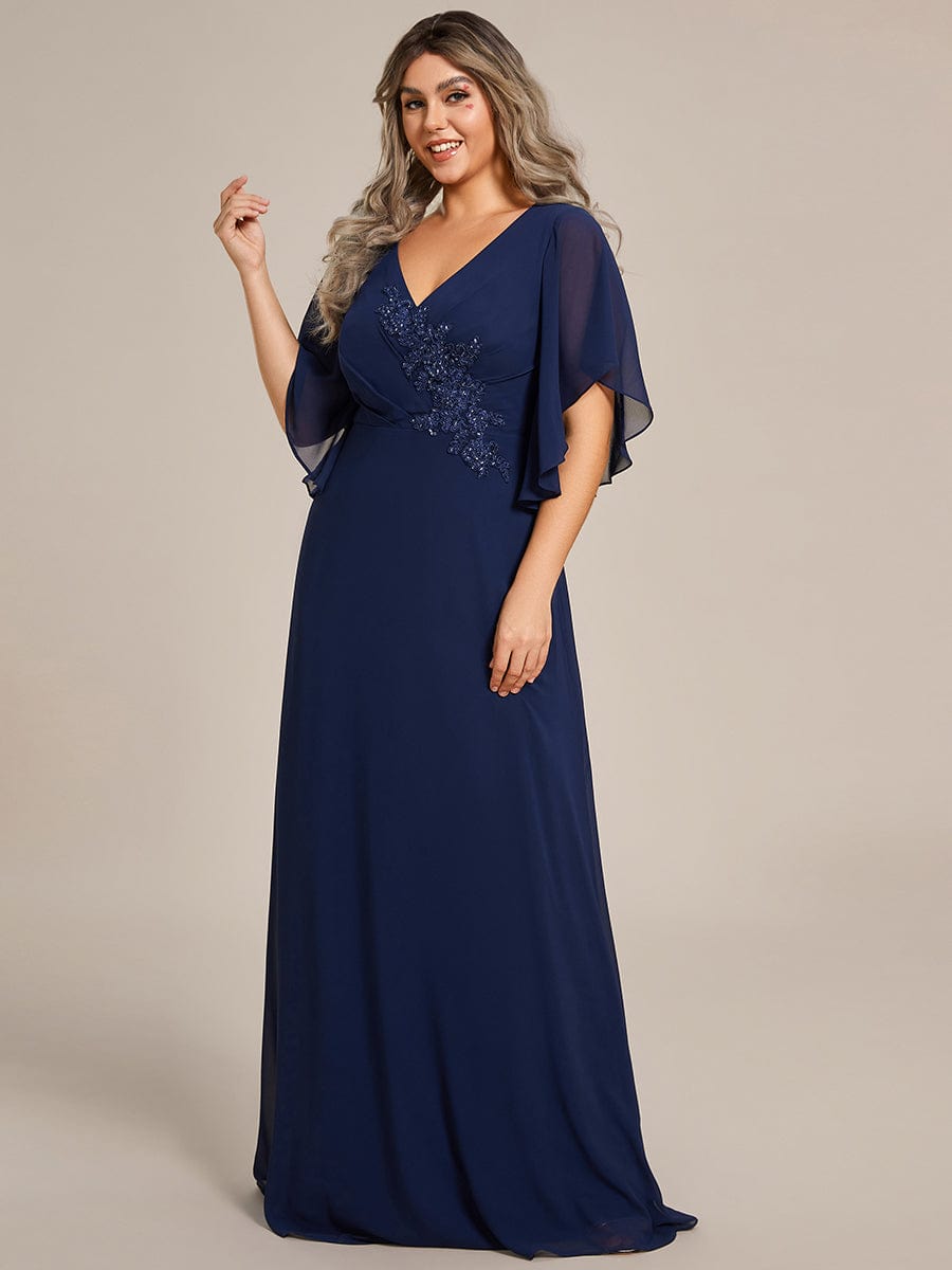 Plus Size Chiffon Ruffle Sleeve Mother of the Bride Dress with Waist Applique