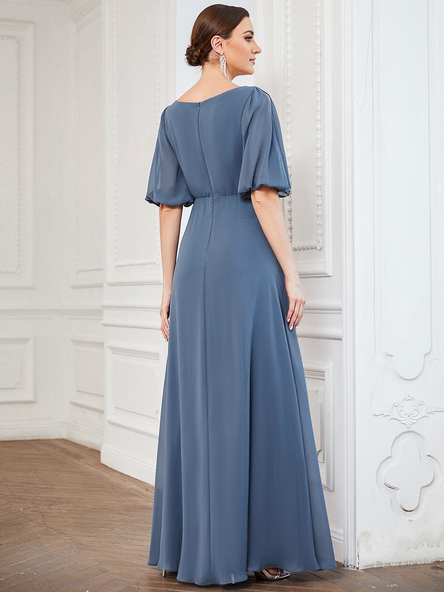 Chiffon Split Sleeve V-Neck Pleated Mother of the Bride Dress #Color_Dusty Navy