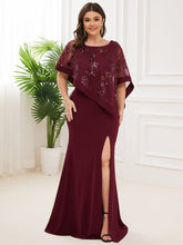 Plus Size Asymmetrical Cape Sequin Mother Of The Bride Dress #color_Burgundy