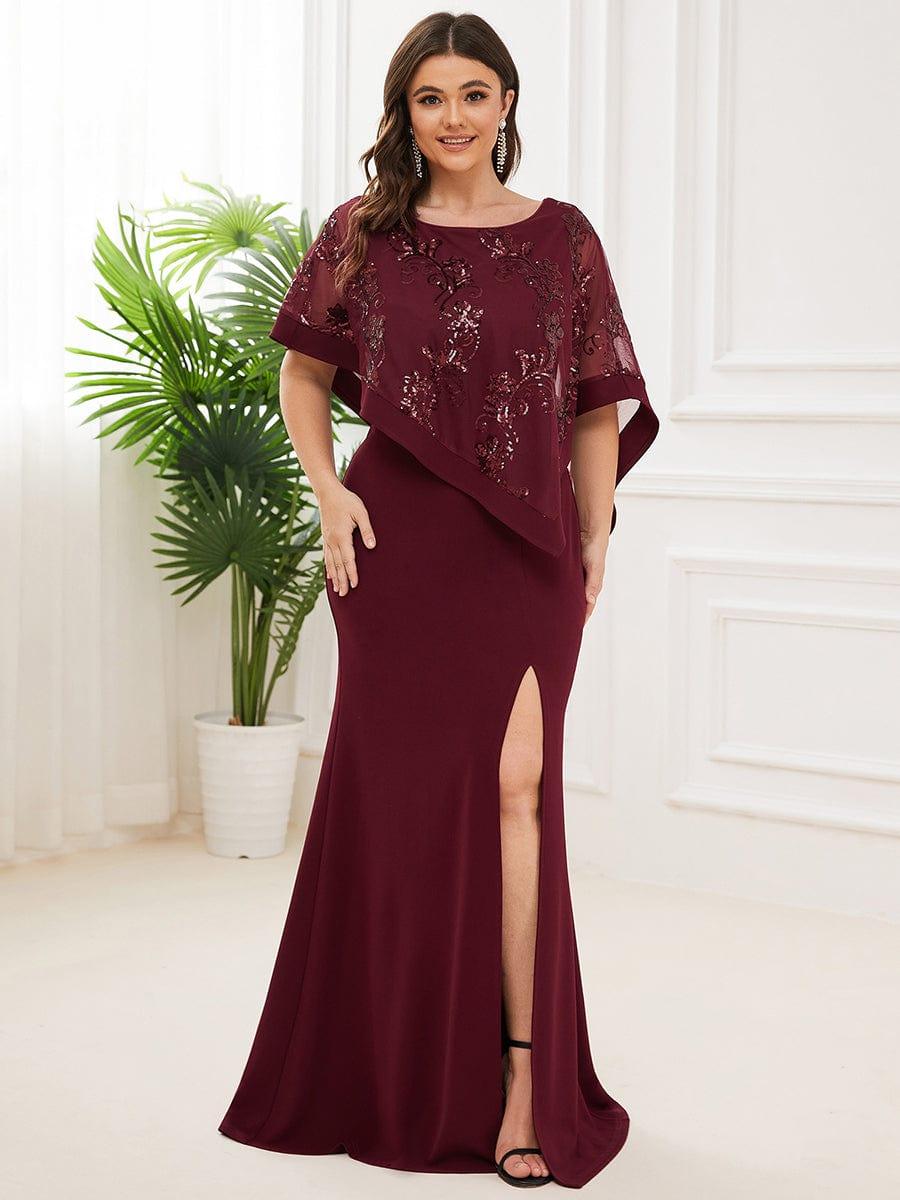 Plus Size Asymmetrical Cape Sequin Mother of the Bride Dress