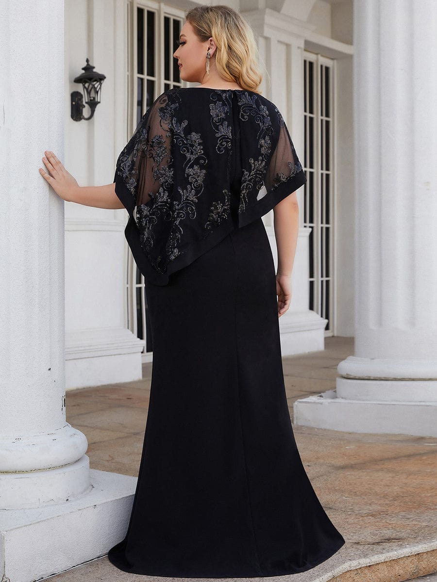Plus Size Asymmetrical Cape Sequin Mother Of The Bride Dress #color_Black