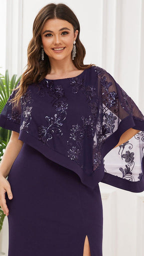 Plus Size Asymmetrical Cape Sequin Mother of the Bride Dress