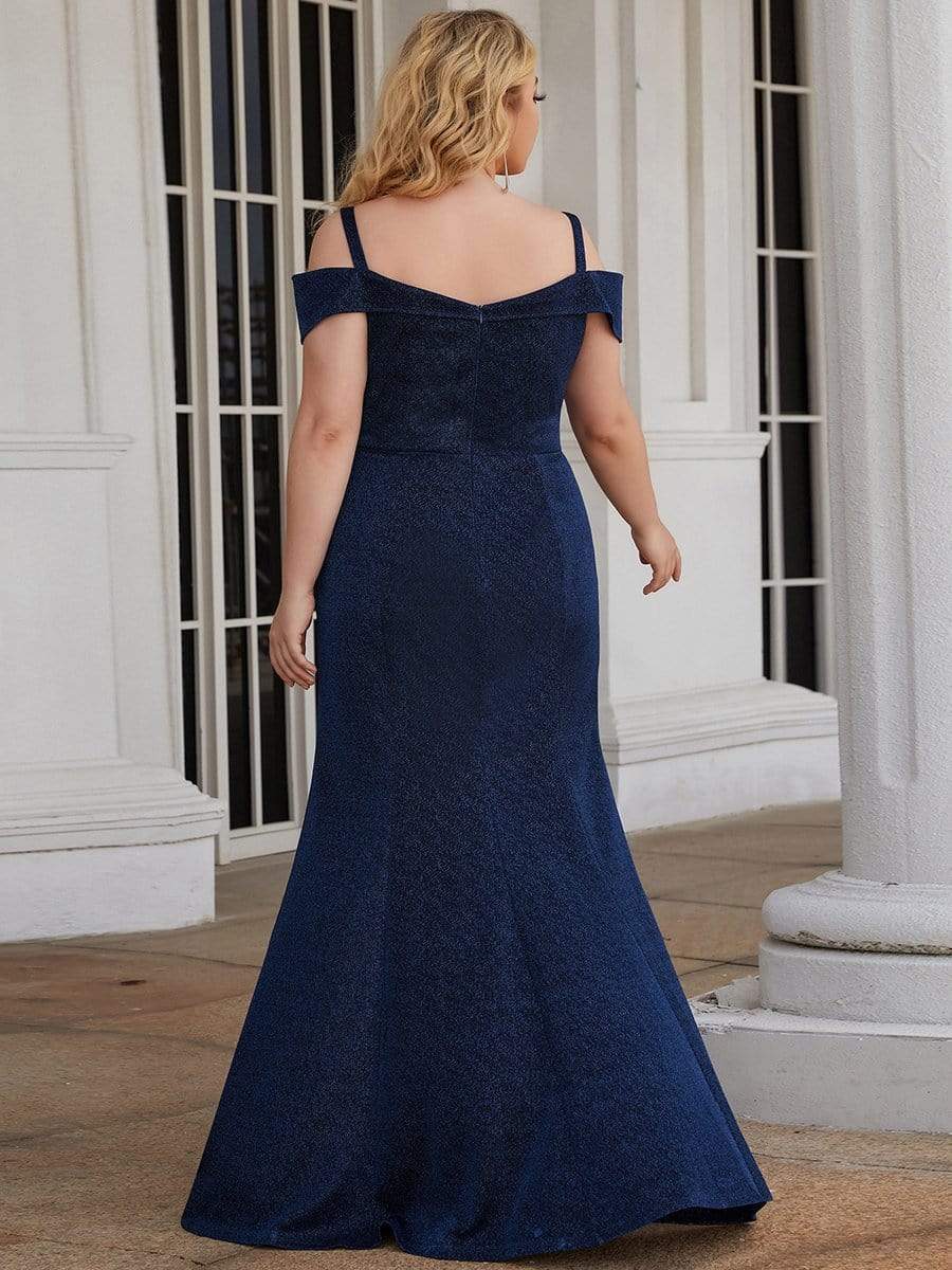 Plus Size Shinning Cold Shoulder Glitter Mother Of The Bride Dress #color_Navy Blue